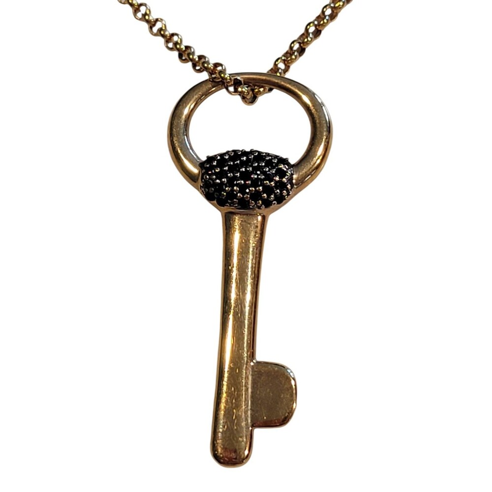 Bronze Milor Italy Necklace Key Charm Black Diamond Rhinestones 36" Long